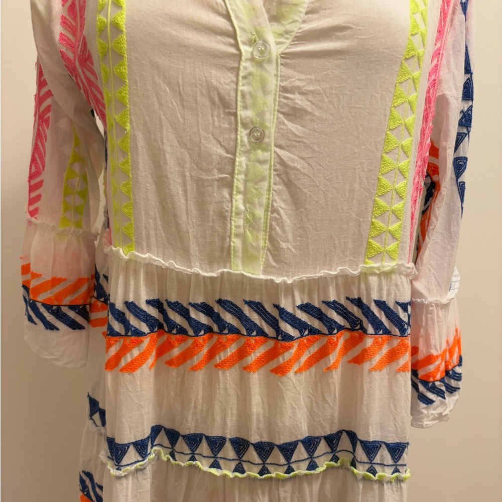 White Long Sleeve Embroidered Tiered Dress with Neon Accents - Size S/M